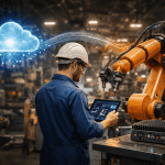 Factory operator using tablet near robotic arm with visual representation of cloud connectivity, highlighting collaboration between cloud computing and edge AI in industrial automation.