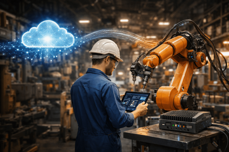 Factory operator using tablet near robotic arm with visual representation of cloud connectivity, highlighting collaboration between cloud computing and edge AI in industrial automation.