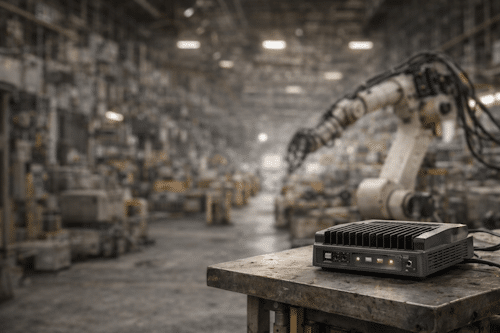 Factory operator using tablet near robotic arm with visual representation of cloud connectivity, highlighting collaboration between cloud computing and edge AI in industrial automation.